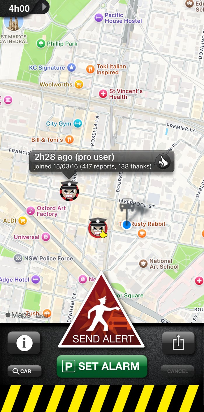 Map with reported parking officers near the user's car