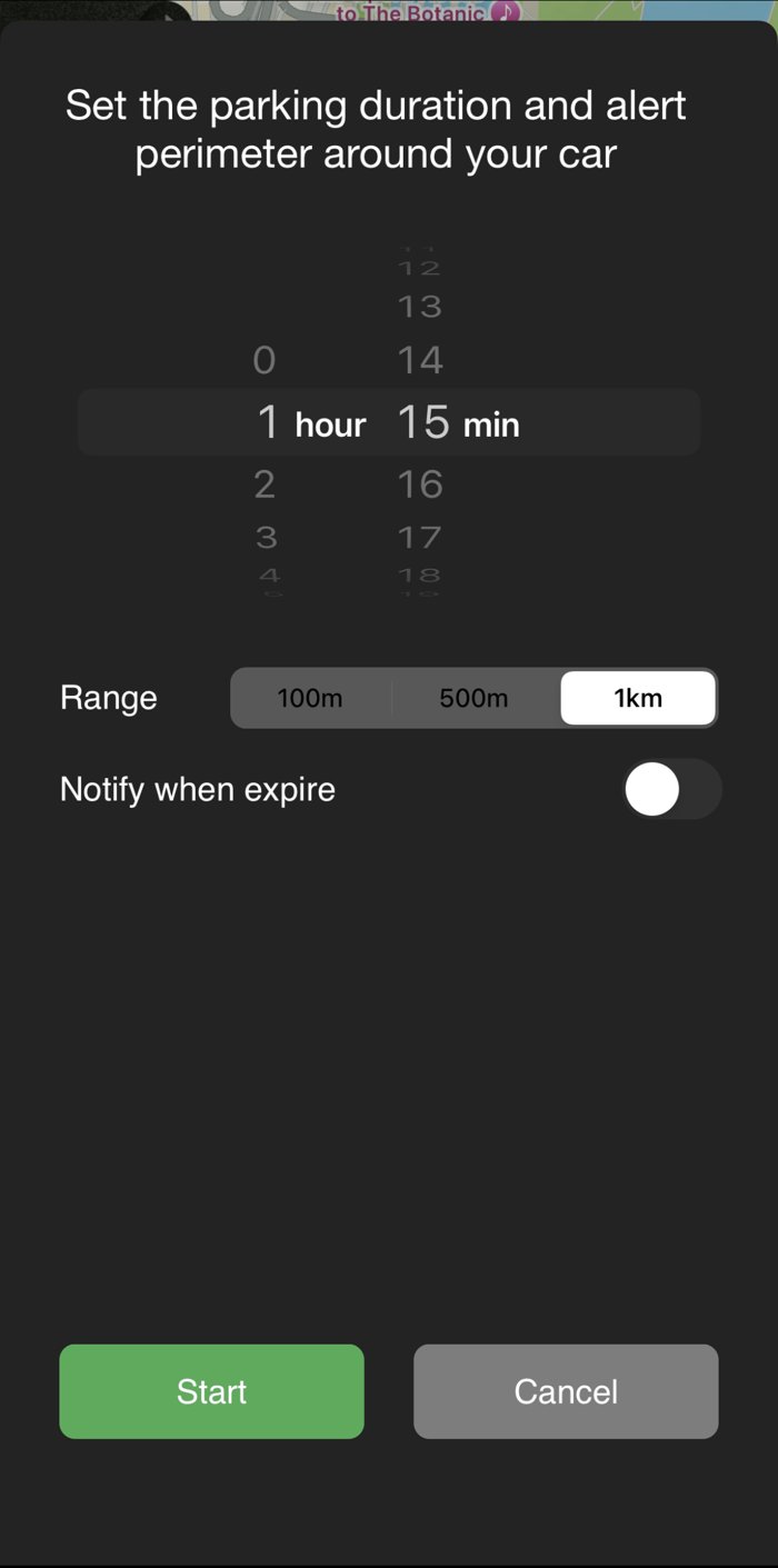 Timer screen with duration and alert range